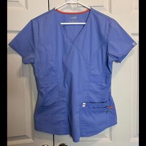 Code Happy Womens Scrub Top Size Medium Blue Short Sleeve V-Neck